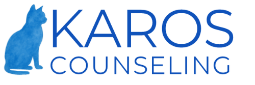 Karos Counseling logo with a blue watercolor cat