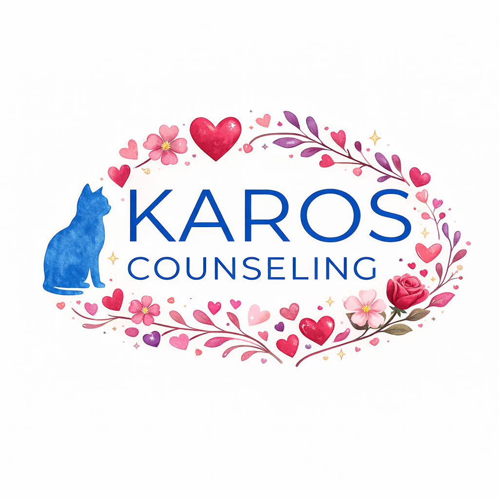Karos Counseling logo with Valentine’s Day seasonal design